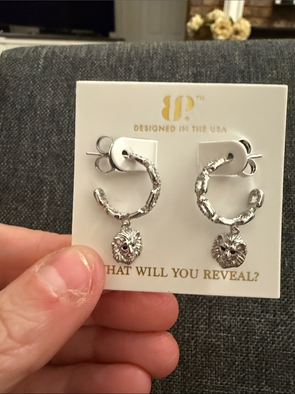 bp Silver Textured Hoop Earrings with Lion Head Charms